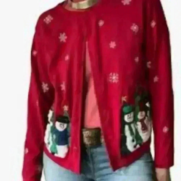 Vintage Embroidered Snowman Cardigan Ugly Christmas Sweater Petite Small Cottage - Picture 2 of 11